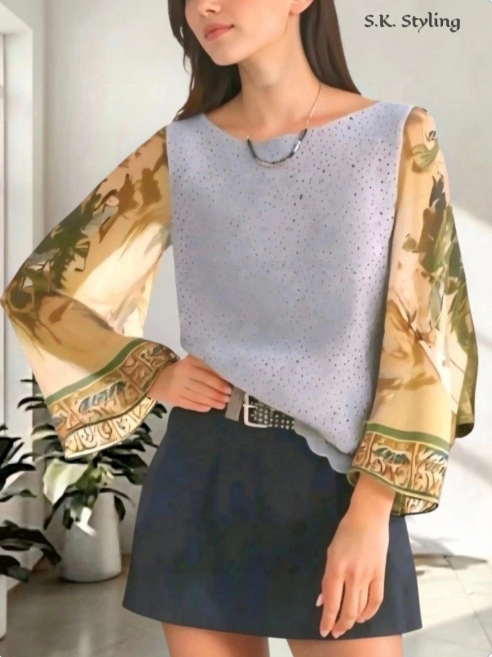 Sundance Clarinda Eyelet Lace Bohemian Top Mixed Media Sheer Print Silk Sleeve L